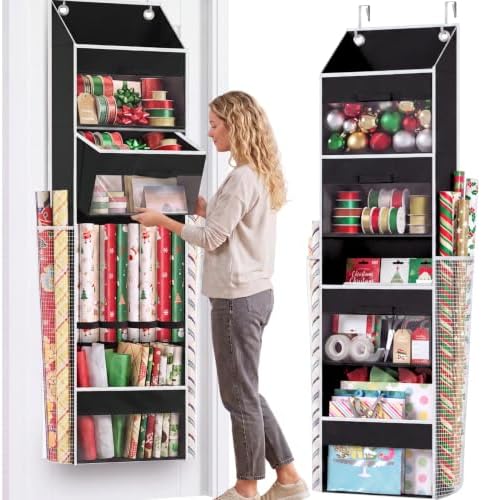 Black Over Door Wrapping Paper Organizer Storage with 3 Removable Drawers & Side Pockets – Dual Use Design with Elastic Straps – Christmas Gift Wrap Storage for Ribbons, Bows,Ornament and Other Tools by Ofiray-home