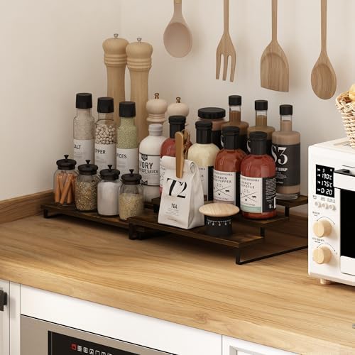 Furinno RAVEL Kitchen Countertop Organizer Set of 2, 3-Tier Counter Shelves, Kitchen Storage, Expandable, Spice Rack, for Pantry, Coffee Bar, Amber Pine - Image 2