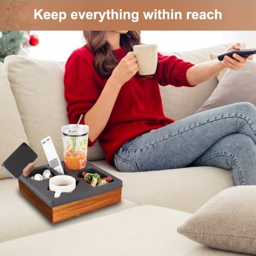 Couch Cup Holder Tray, Silicone Wooden Couch Caddy with Cup Holder for Snacks, Drinks, Remotes, Waterproof Cup Holder for Couch, Organizer, Couch Drink Holder, Sofa Cup Holder - Image 2