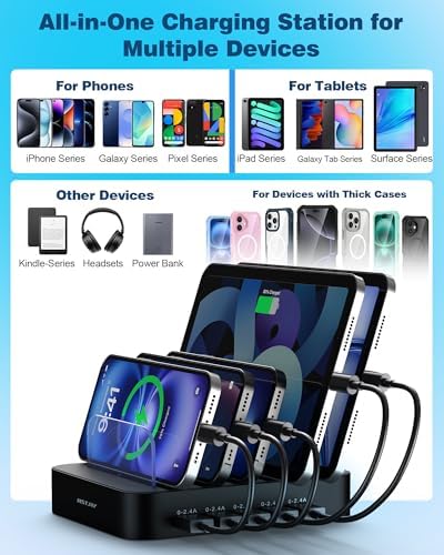MSTJRY Charging Station for Multiple Devices : 5 Port Multi USB-A Charger Stations Multi-Device Organizer Charging Dock Designed for iPhone iPad Cell Phone Tablets (7 Short Cables Included), Black - Image 5