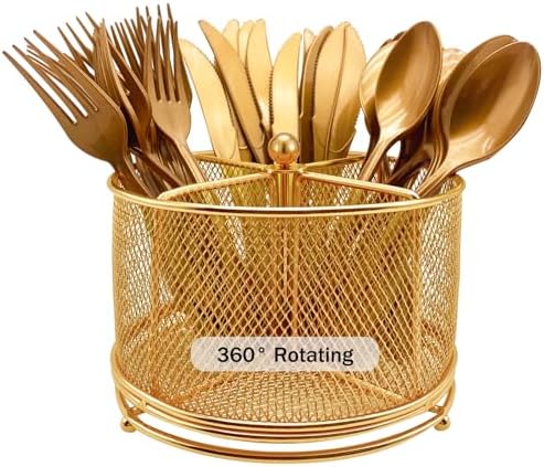 DysanVica 360° Rotating Metal Utensil Caddy - 4 Compartment Silverware Cutlery Holder Rotation Fork Spoon Napkin Organizer Flatware Storage Basket Party Countertop Buffet Picnic Camping Outdoor Gold by DysanVica