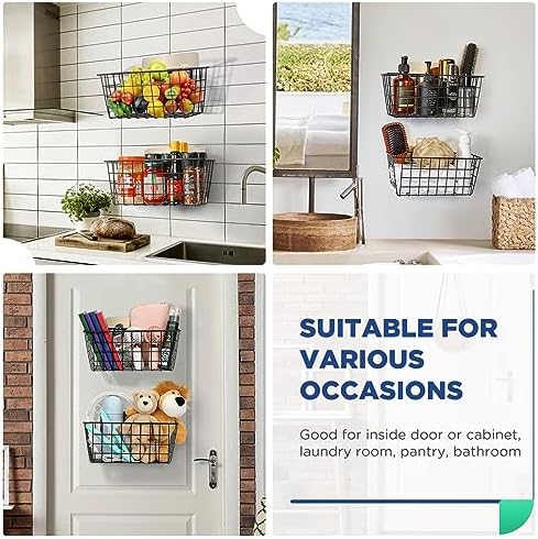 4 Pack Hanging Wall Basket Wire Storage Baskets, Adhesive Basket for Cabinet Door Organizer(2 Wall Mounting Options), Hanging Fruit Baskets for Kitchen, Pantry Organization, Bathroom, Black - Image 6