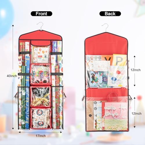 Christmas Wrapping Paper Organizer Storage, Hanging Gift Bag Storage Organizer, Double-Sided Wrapping Paper Holder Storage - Red - Image 4