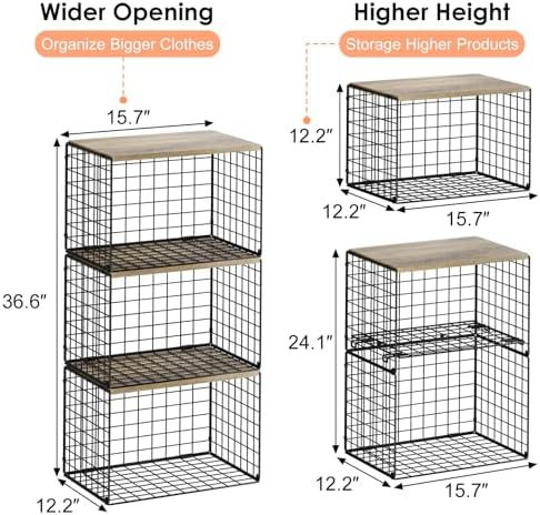 5-Tier Large Stackable Closet Organizer and Storage Basket, Sturdy Closet Shelf Organizer with Wood Top, Stackable Storage Bins Cubes for Clothes with Adjustable Shelf for Wardrobe Organization - Image 3