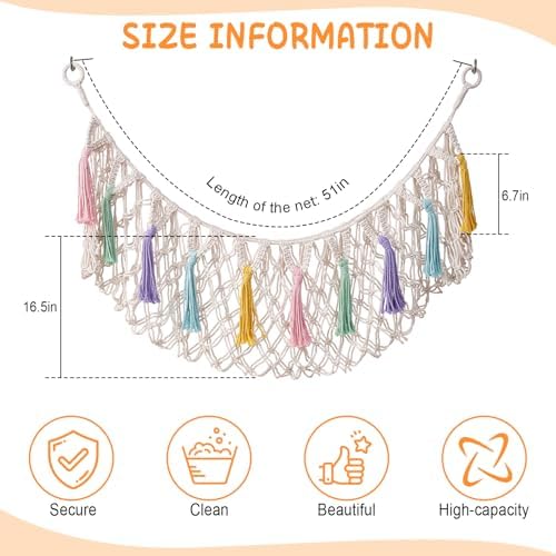 Bohemian Stuffed Animal Hammock, 51" Large Toy Storage Net for Plush Toys, Kids Room & Nursery Wall Hanging Organizer, Macrame Corner Storage, Baby Girl Room Decor Gift. - Image 3