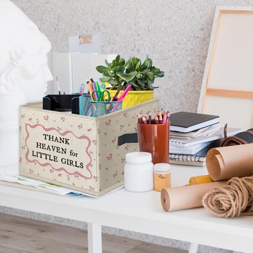 Pink Floral Girl Nursery Foldable Storage Bins Box with Handles, Thank Heaven for Little Girls Collapsible Toys Books Clothes Organizer Basket for Kids Girls Room Bathroom Bedroom - Image 3