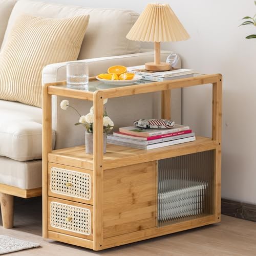 Tiita Rattan Nightstand, Bamboo End Table with Glass Top & Storage, Wood by TiitaHome