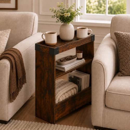 Narrow Side Table, 8" Slim End Table with Tray Top, Rustic Brown - Image 2