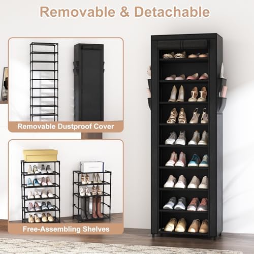 VILICK Shoe Rack with Cover Narrow Shoe Organizer with 4 Side Pockets 10 Tier Tall Shoe Storage Holds 18-22 Pairs Shoes and Boots Shoe Rack for Closet Entryway Garage - Image 6