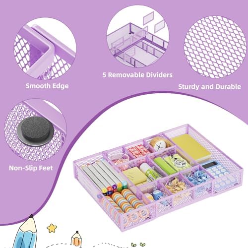 Marbrasse Expandable Desk Drawer Organizer, Mesh Drawer Organizer Tray with 10 Adjustable Compartments, Desk Organizers and Accessories for Office Supplies, Makeup & Vanity (Expandable-Purple) - Image 6
