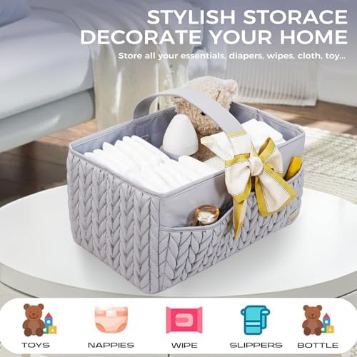 Luxurious Baby Diaper Caddy, Nursery Storage Basket for Newborn Boy and Girl, Travel Baby Basket for Diapers Baby Wipes, Organizer Tote Bag Storage Bin, Baby Shower Gifts (light gray) - Image 6