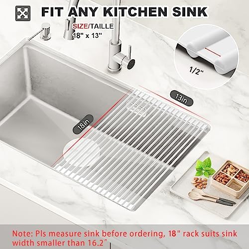 MERRYBOX Roll Up Dish Drying Rack, Silicone Wrapped Over The Sink Dish Rack Foldable Dish Drainer Anti-Slip Dish Racks for Kitchen Counter, Multipurpose Kitchen Sink Drying Rack, 18" x 13", White - Image 2