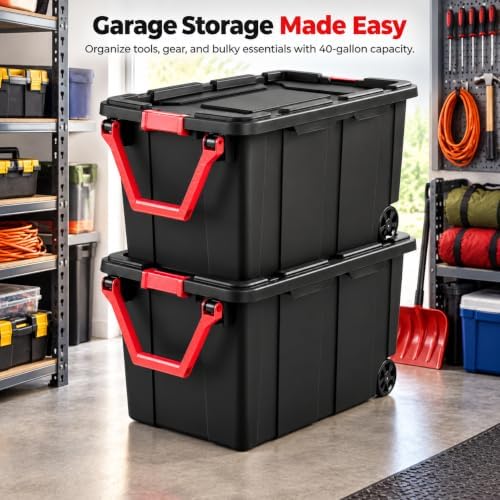 2-Pack 40 Gal Wheeled Storage Bins, Latching Lid & Pull Handle - Image 2