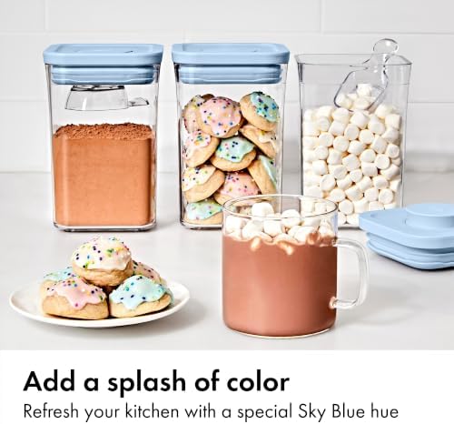 OXO Good Grips 3-Piece POP Container Set with Mini Scoops — Sky Blue, 1.1 Qt/1 L Capacity, Airtight Pop-Up Container with Push-Button Seal, Kitchen Storage Canisters for Cereal and Snacks - Image 2