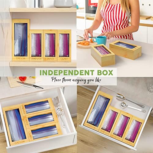 DALSHABET Bamboo Storage Bag Organizer, 4 Separate Food Storage Bags, 12x14 Baggie Organizer Dispenser for All Brands Gallon, Snack, Sandwich & Quart Slider Bags Beige - Image 6