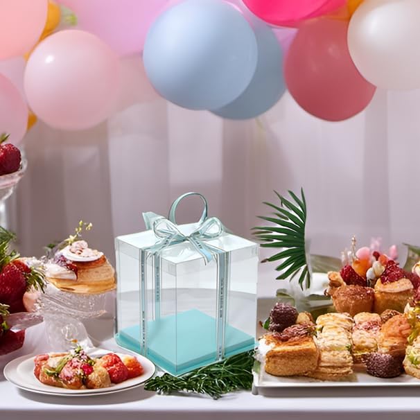 XININSUN clear cake box with ribbon,8inch 10inch cake boxes,transparent tall cake box cake carrier,Cake Containers clear gift box for Wedding,Birthday,Party(6pcs-green)