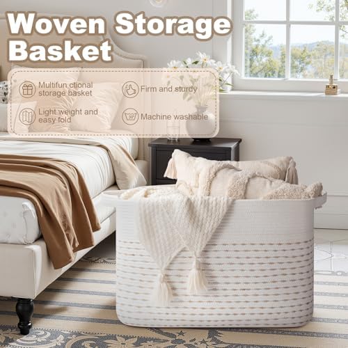 OIAHOMY 108L Extra Large Blanket Basket, 25”x16”x16” Rectangle Woven Cotton Rope Baskets for Living Room, Toy Storage with Handle- Light Yellow & White - Image 4
