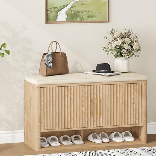 Fluted Shoe Storage Bench, Entryway Bench with Adjustable Shelves by Zeibospri