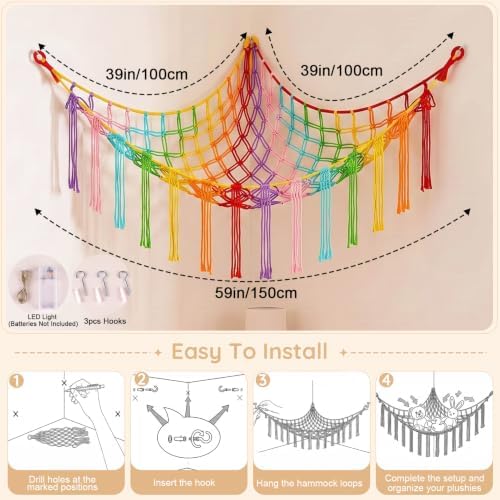 Basumee Stuffed Animals Hammock with LED Light Corner Net, Girls Room Decor - Image 6
