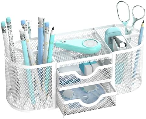 SUPEASY Mesh Desk Organizer, Pen Holder for Desk with 2 Drawers, White by SUPEASY
