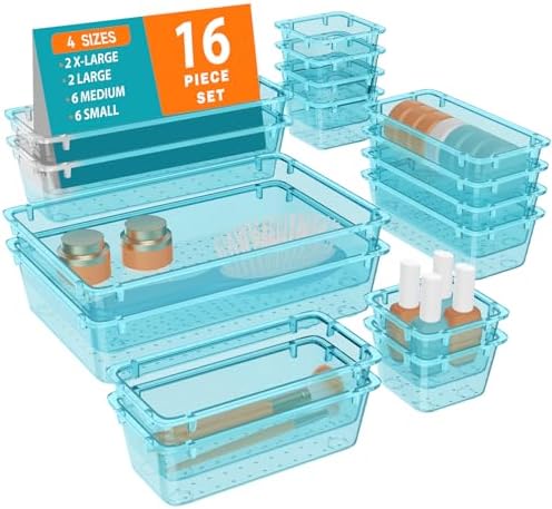 WOWBOX 16 PCS Plastic Drawer Organizer Set, 4 Sizes Desk Drawer Organization and Storage Containers for Makeup, Cosmetics, Jewelry and Gadgets in Kitchen, Bathroom, Bedroom, Office, Clear Sea Blue by WOWBOX
