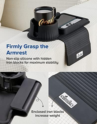 Couch Cup Holder Tray, Elimiko Silicone Sofa Drink Holder with Large Cup Holder and Tray, for Oversized Mugs/Long Remote/Snacks/Cellphone (Black) - Image 5