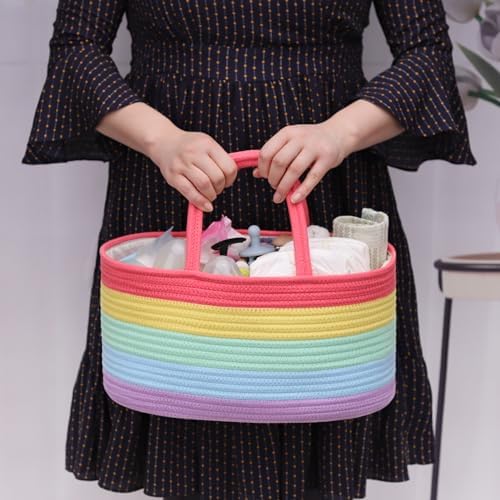 COMSE Large Cotton Rope Baby Diaper Caddy Organizer with Handles, Rainbow - Image 2