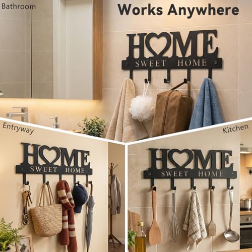 Entryway Wall Key Holder with 5 Hooks, Metal Key Rack Wall Mount for Keys, Bags and Leashes, Decorative Organizer for Entryway, Mudroom or Hallway, Sweet Home Design, 9.8 inches, Black - Image 4