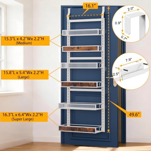 6 Tier Pantry Door Organizer Spice Rack, 2-IN-1 Wall Mount or Hanging Over Door Seasoning Organizer with Adjustable Baskets, Heavy Duty Behind Door Storage Shelves for Pantry, Cabinet and Kitchen - Image 2