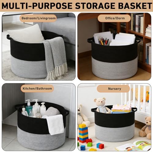 90L Large Blanket Basket,Woven Laundry Basket-Black&Light Grey - Image 6