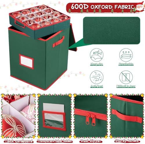 OIAHOMY Ornament Storage Box Holds 80 Christmas Ornaments, Christmas Ornament Storage Include Trays and Zippers, Ornament Organizer with Handle, Made of 600D Oxford Fabric - Green - Image 4