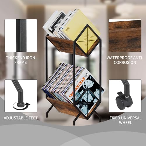 YINMIT Vinyl Record Holder, 160-200 LP Vinyl Record Storage Rack, Quick Assembly, Retro Style Organizer for Magazine, Book, Files, Albums (Retro Brown, 2 Tier) - Image 5