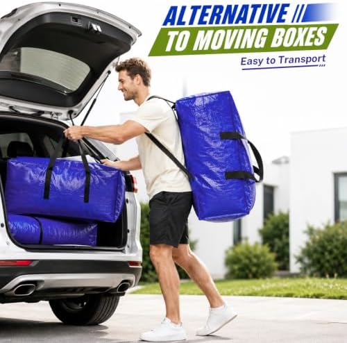8 Pack Heavy Duty Moving Bags 25 Gallon – Extra Large Moving Boxes with Reinforced Wrap-Around Handles & ID Window, Waterproof Storage Bags for Moving, College Dorm, Home Organization – Blue - Image 5