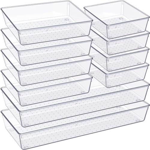 Criusia Drawer Organizer, 10 Pack Large Clear Plastic Set, 3 Size Versatile Bathroom and Vanity Organizer Trays, Storage Bins for Makeup, Bedroom, Kitchen Utensils by Criusia