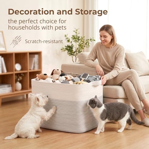 OIASKET 108L Cotton Rope Storage Basket for Living Room and Bedroom 25"x16"x16" Woven Laundry Basket, Heavy Duty Bin for Blankets, Pillows & Toys, Pet-Safe & Scratch-Free, Black and White - Image 5