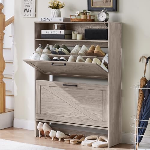 RWYHG Shoe Cabinet with 2 Flip Drawers, Narrow Entryway Organizer,Grey by RWYHG