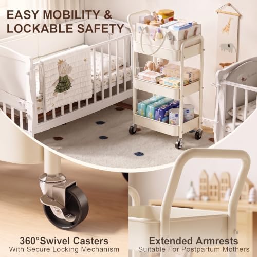 3 Tier Baby Diaper Caddy Cart with Removable Dividers and Wheels,Off-White - Image 6