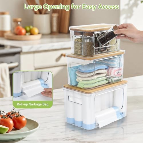 OTraki 3 Pack Trash Bag Holder Dispenser with Lid Plastic Garbage Bag Dispenser Stackable & Wall-mounted, Trash Bags Organizer Under Sink for Kitchen, Pantry Cabinet Organizer and Storage - Image 2