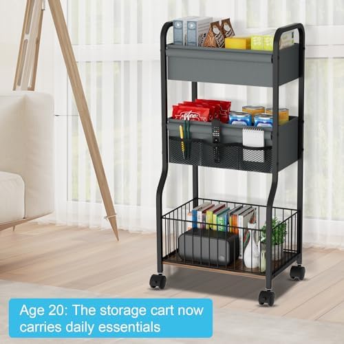 3-tier Baby Diaper Caddy Organizer and Storage Cart with 4+3 Dividers, Metal Utility Cart with Lockable Wheels for Nursery, Bedroom, Bathroom, Black - Image 5