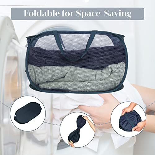 Durable Collapsible Laundry Baskets, Mesh Pop Up Laundry Hamper with Side Pocket, Foldable Clothes Hamper with Reinforced Carry Handles for Laundry, Bathroom, Kids Room, Dorm, Travel 2 Pack Navy Blue - Image 6