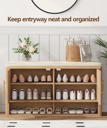 Fluted Shoe Storage Bench, Entryway Bench with Adjustable Shelves - Image 3