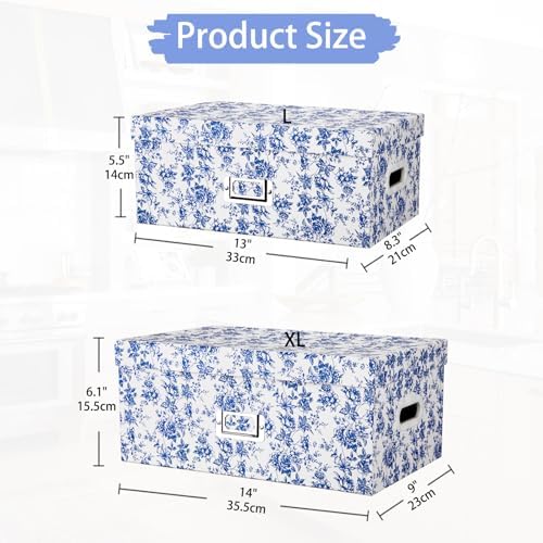 Briful Set of 2 Blue and White Porcelain-Style Storage Boxes with Lids – Elegant Floral Nesting Organizer Bins, 14'' + 13'' Set Decorative Cardboard Gift Boxes for Home or Office Use - Image 2