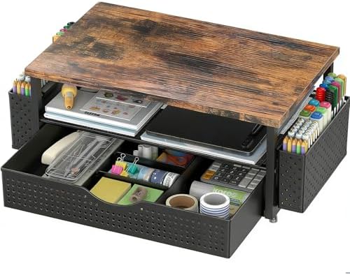 Spacrea Computer Monitor Stand with Drawer and 2 Pen Holders, Wood by Spacrea
