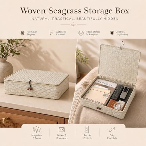 YANGQIHOME Set of 2 Seagrass Baskets with Lids, Rectangular Woven Storage Baskets, Natural Wicker Basket Boxes for Coffee Table, Shelf, Bathroom Counter & Closet Decor (Whitewashed, Set of 2) - Image 5
