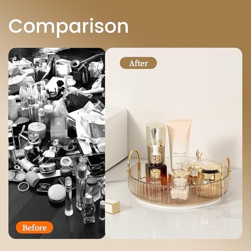 360 Rotating Makeup Organizer for Vanity, Skincare Perfume Organizers and Storage for Bathroom Countertop, Clear Counter Make Up Cosmetics Lipstick Spinning Holder for Dresser,1 Tier,Gold - Image 3