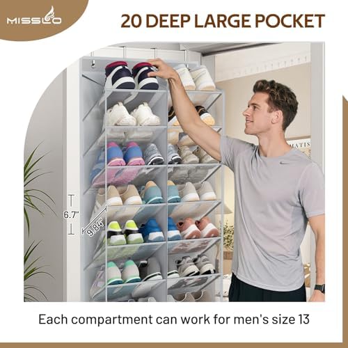 MISSLO 30 Pairs Over the Door Shoe Organizer Breathable Mesh Hanging Shoe Rack for Closet Storage with Wide Deep Pockets 10 Tier Shoes Holder Fit All the Family's Sneakers, Boots, Heels (Grey, 71") - Image 3