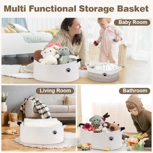 Optish Dog Toy Basket, 30L Toy Box and Bin for Dog Cat Storage, 19.7" X 11" X 7.9" Large Woven Rope Basket for Blankets, Living Room, Bedroom, White - Image 5
