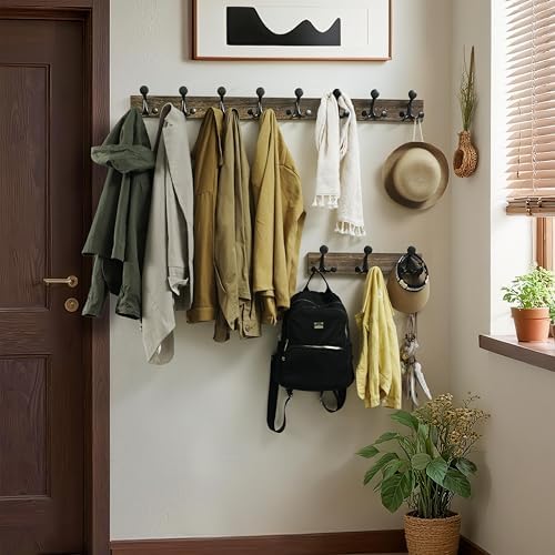 WEBI Coat Rack Wall Mount,24" Solid Wood Coat Hooks Wall Mounted Coat Hanger,16" Hole to Hole,Heavy Duty Hook Rack Rail,4 Triple Hooks for Hanging Coats,Jacket,Clothes,Hat,Weathered Brown,2 Packs - Image 4