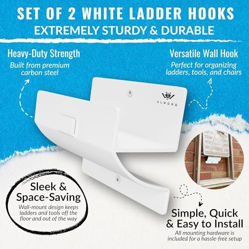 Ladder Hangers for Garage Wall - White Set of 2 Wall Mount Step Ladder Hook - Image 2