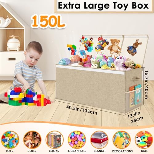 150L Extra Large Toy Storage Box with Lid, Foldable Toy Chest Organizer - Image 2